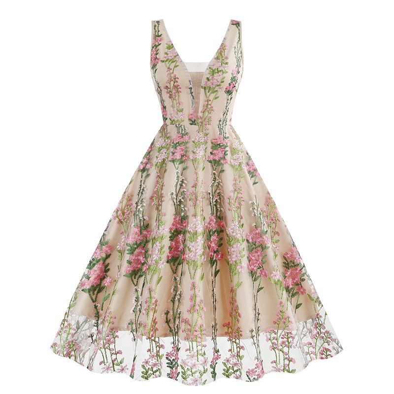 Women Plunge V Neck Floral Embroidery Mesh Cocktail Formal Evening Vintage Dress Pink