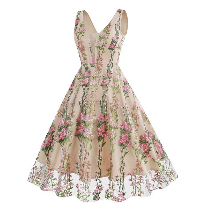 Women Plunge V Neck Floral Embroidery Mesh Cocktail Formal Evening Vintage Dress Pink