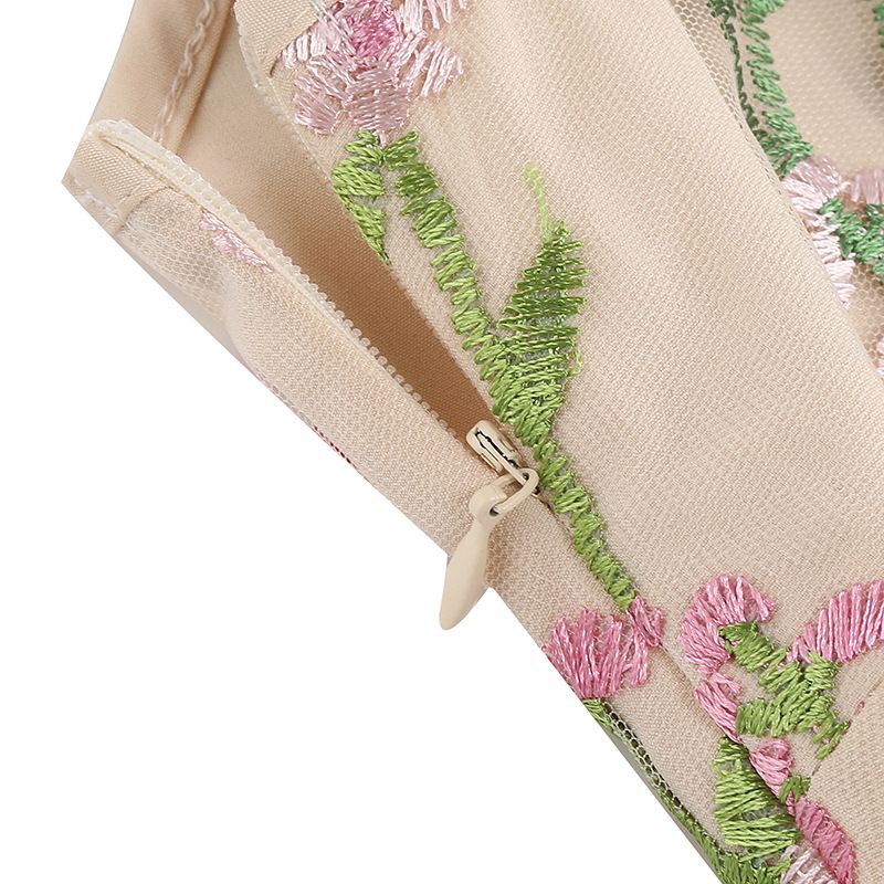 Women Plunge V Neck Floral Embroidery Mesh Cocktail Formal Evening Vintage Dress Pink