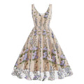 Women Plunge V Neck Floral Embroidery Mesh Cocktail Formal Evening Vintage Dress Purple