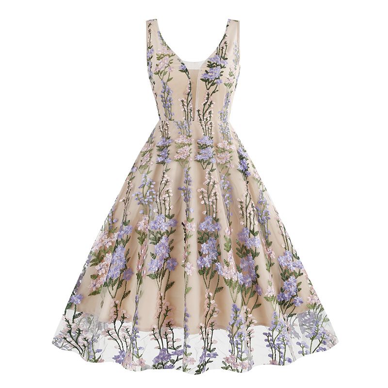 Women Plunge V Neck Floral Embroidery Mesh Cocktail Formal Evening Vintage Dress Purple