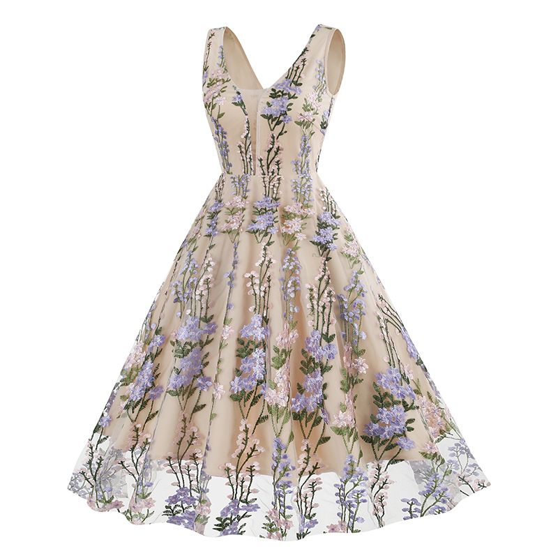 Women Plunge V Neck Floral Embroidery Mesh Cocktail Formal Evening Vintage Dress Purple