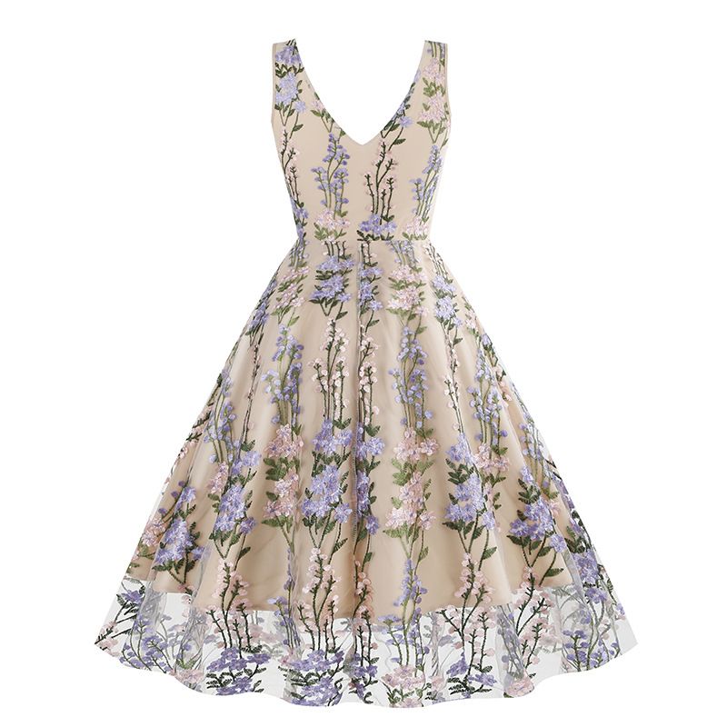 Women Plunge V Neck Floral Embroidery Mesh Cocktail Formal Evening Vintage Dress Purple