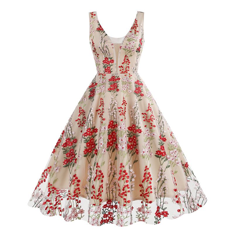 Women Plunge V Neck Floral Embroidery Mesh Cocktail Formal Evening Vintage Dress Red