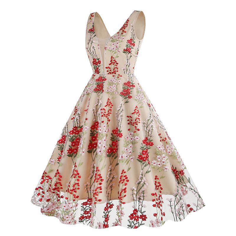 Women Plunge V Neck Floral Embroidery Mesh Cocktail Formal Evening Vintage Dress Red