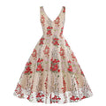 Women Plunge V Neck Floral Embroidery Mesh Cocktail Formal Evening Vintage Dress Red