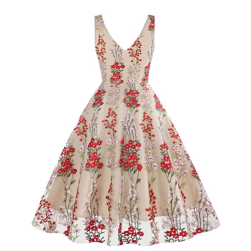 Women Plunge V Neck Floral Embroidery Mesh Cocktail Formal Evening Vintage Dress Red