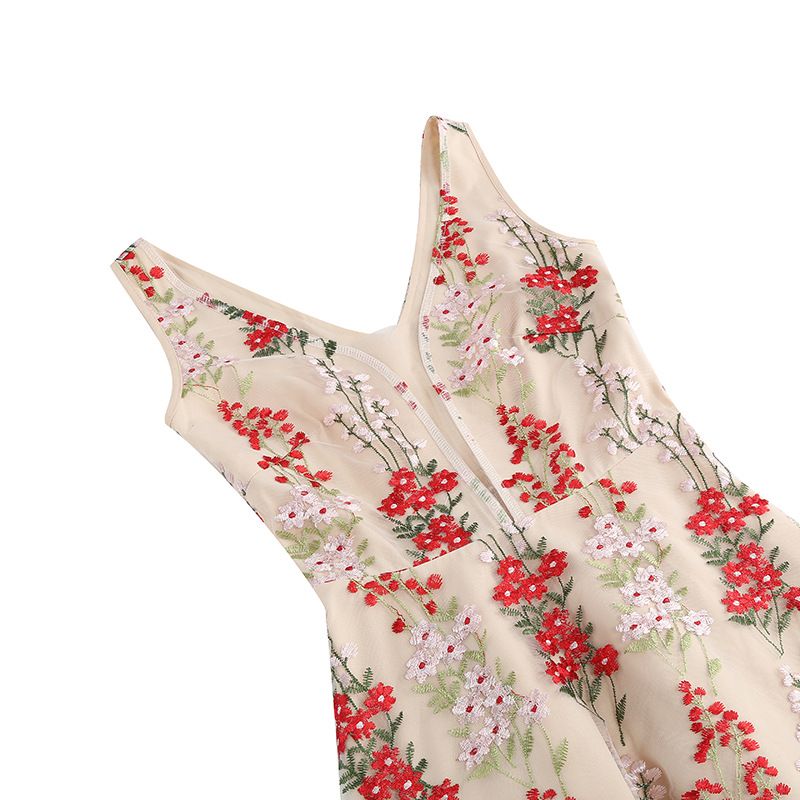 Women Plunge V Neck Floral Embroidery Mesh Cocktail Formal Evening Vintage Dress Red