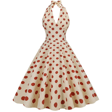 Women Polka Dot 1950s Rockabilly Halter Audrey Dress Retro Swing Dress Pink