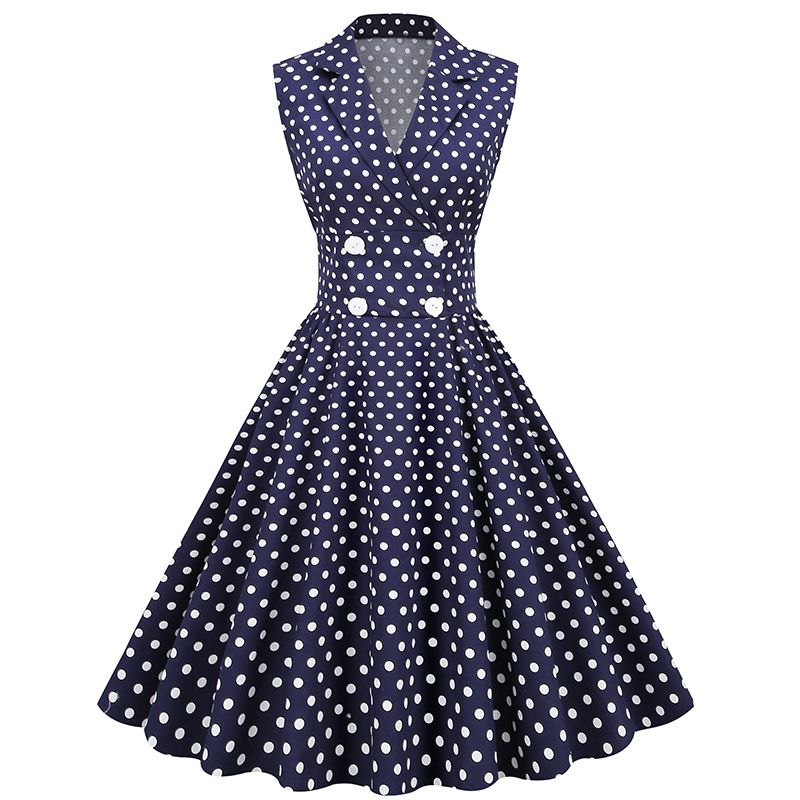 Women Polka Dot Vintage Long Dress 50s Pinup A-Line Dress Blue