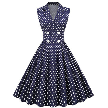 Women Polka Dot Vintage Long Dress 50s Pinup A-Line Dress Blue