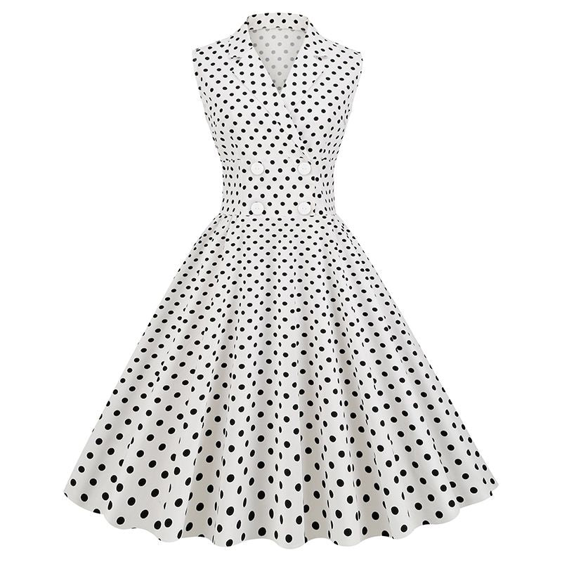 Women Polka Dot Vintage Long Dress 50s Pinup A-Line Dress White