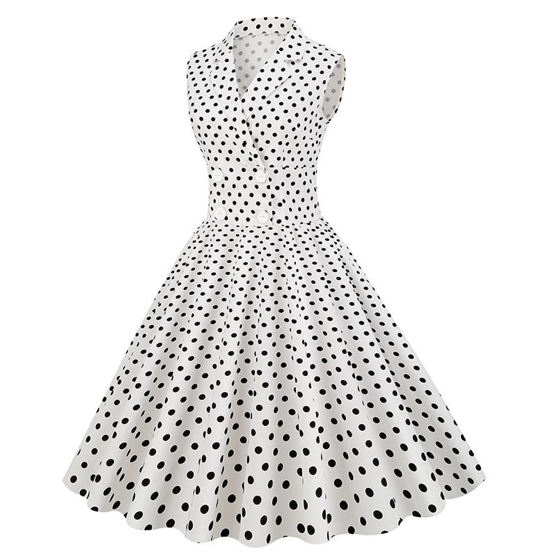 Women Polka Dot Vintage Long Dress 50s Pinup A-Line Dress White
