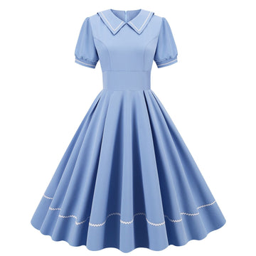 Women Retro Dresses Vintage 1950s Short Sleeve Prom Rockabilly Swing Dress Blue
