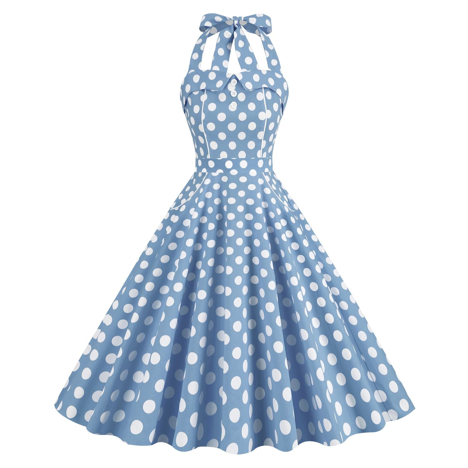 Women Retro Polka Dot Dresses Vintage 1950s Halter Cocktail Prom Dress Blue