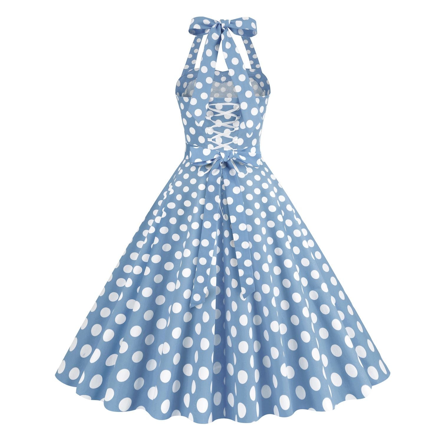 Women Retro Polka Dot Dresses Vintage 1950s Halter Cocktail Prom Dress Blue