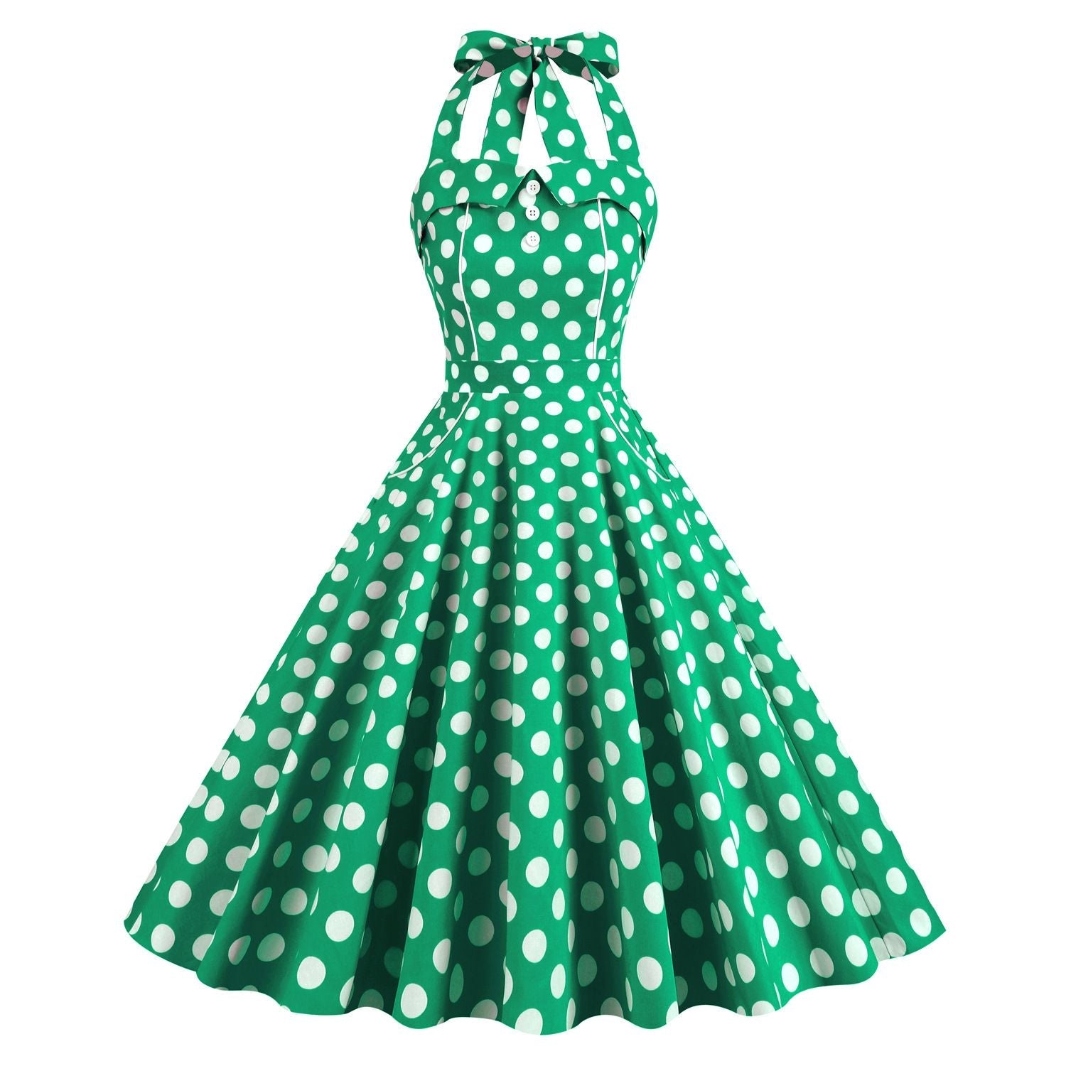 Women Retro Polka Dot Dresses Vintage 1950s Halter Cocktail Prom Dress Green
