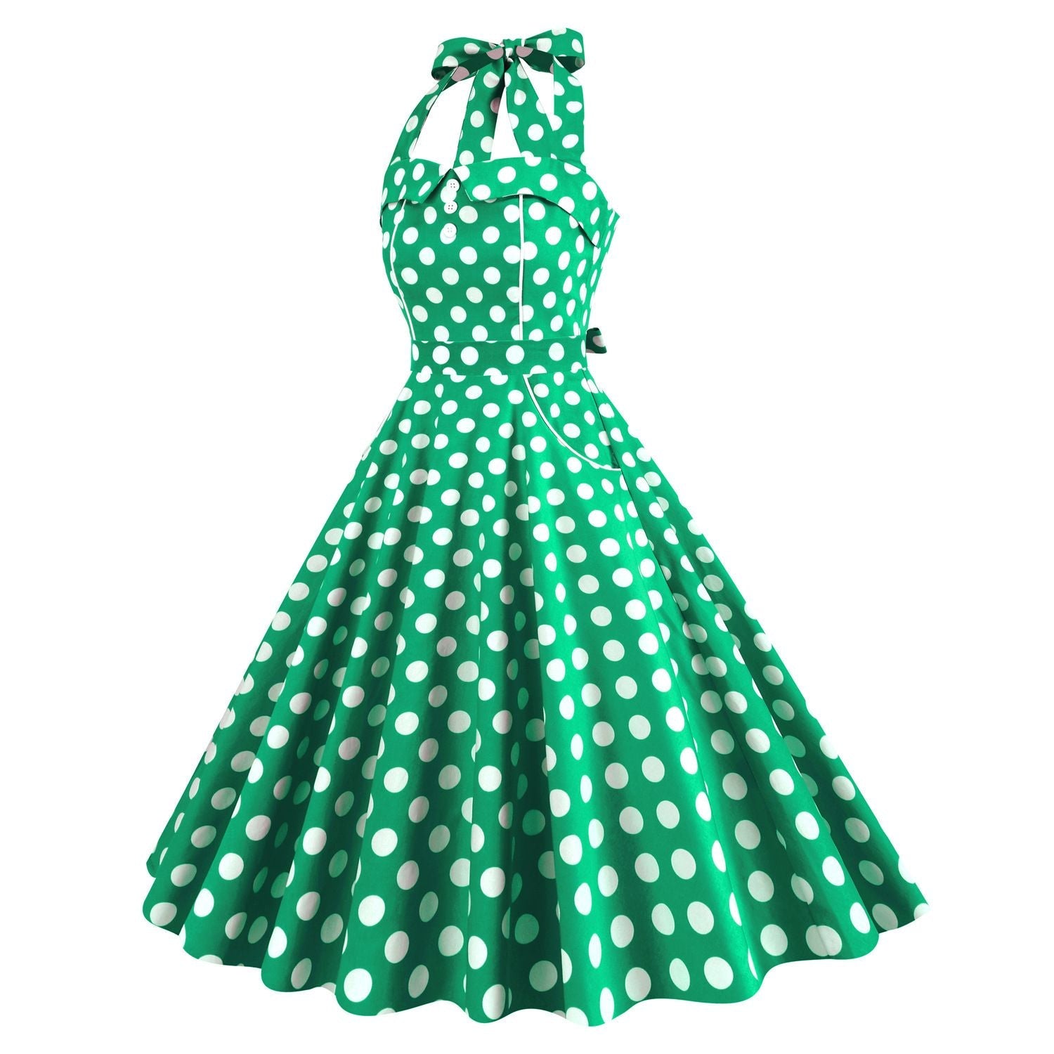 Women Retro Polka Dot Dresses Vintage 1950s Halter Cocktail Prom Dress Green