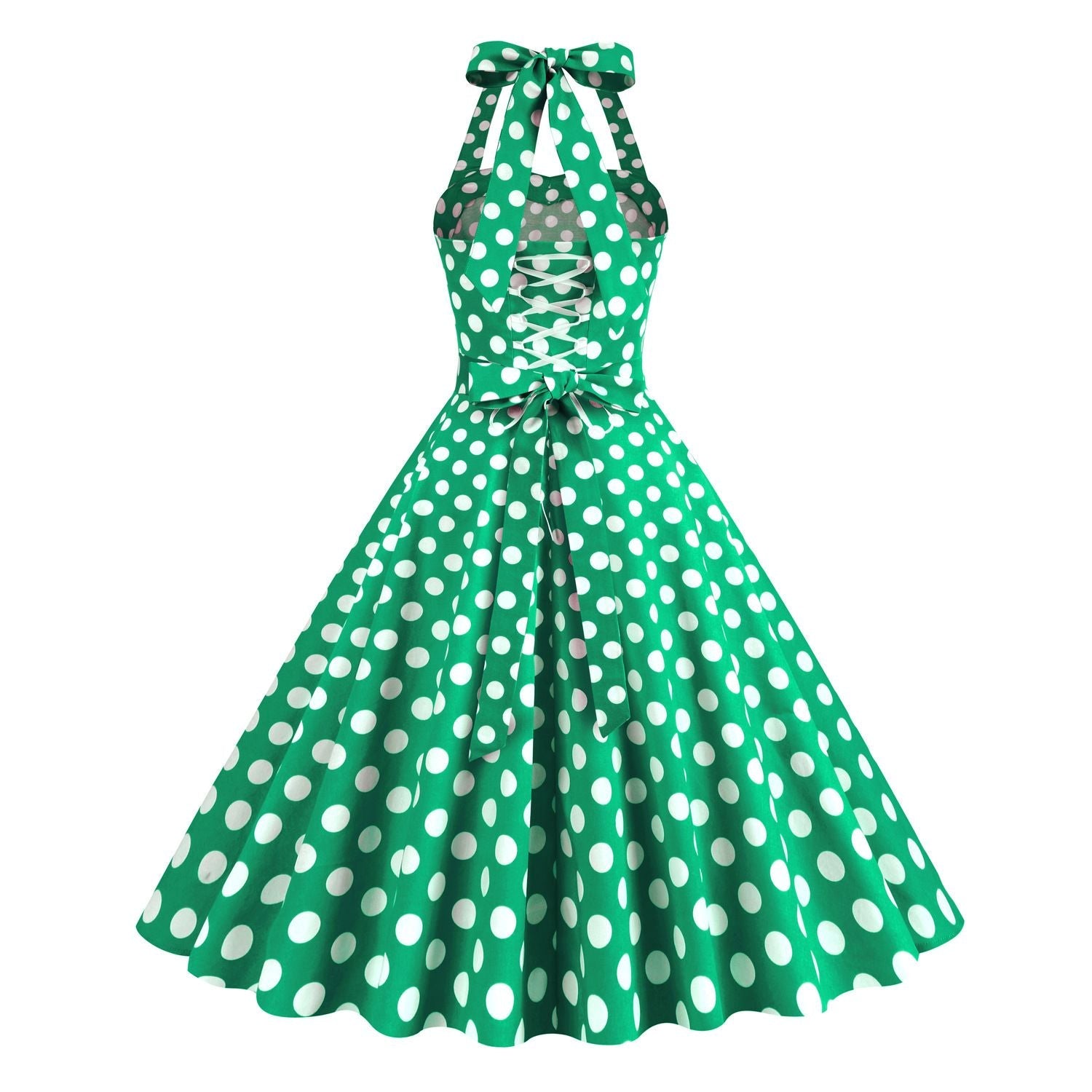 Women Retro Polka Dot Dresses Vintage 1950s Halter Cocktail Prom Dress Green