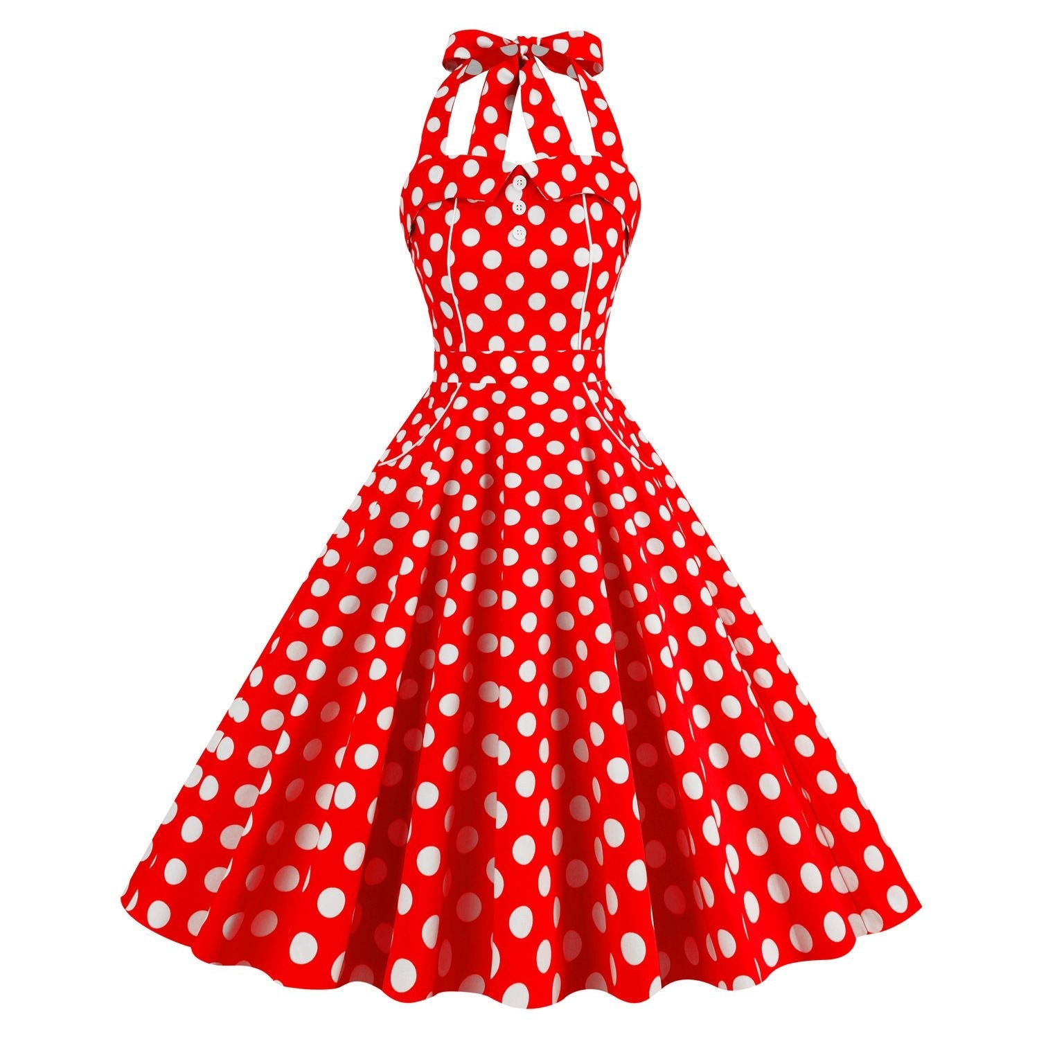 Women Retro Polka Dot Dresses Vintage 1950s Halter Cocktail Prom Dress Red