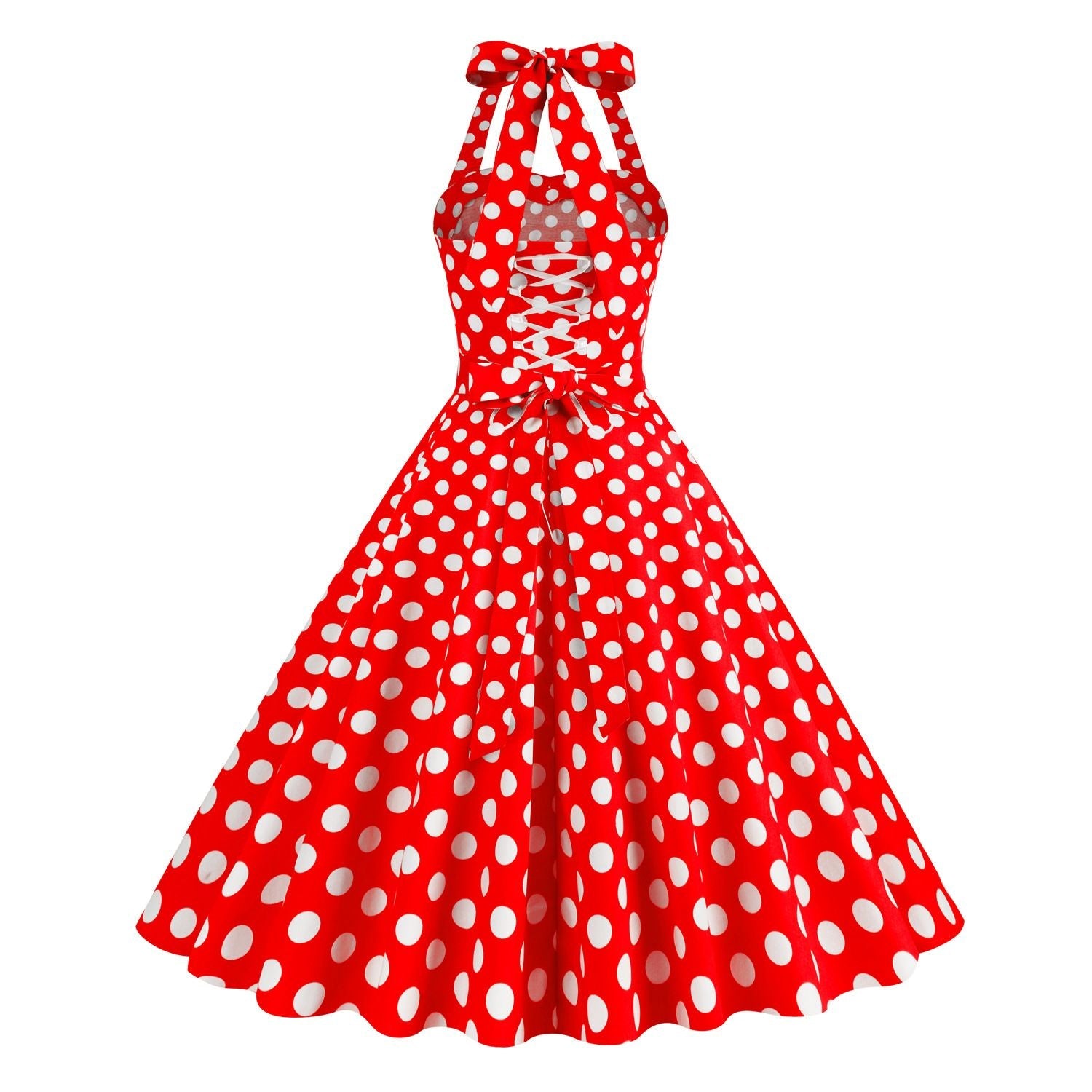 Women Retro Polka Dot Dresses Vintage 1950s Halter Cocktail Prom Dress Red