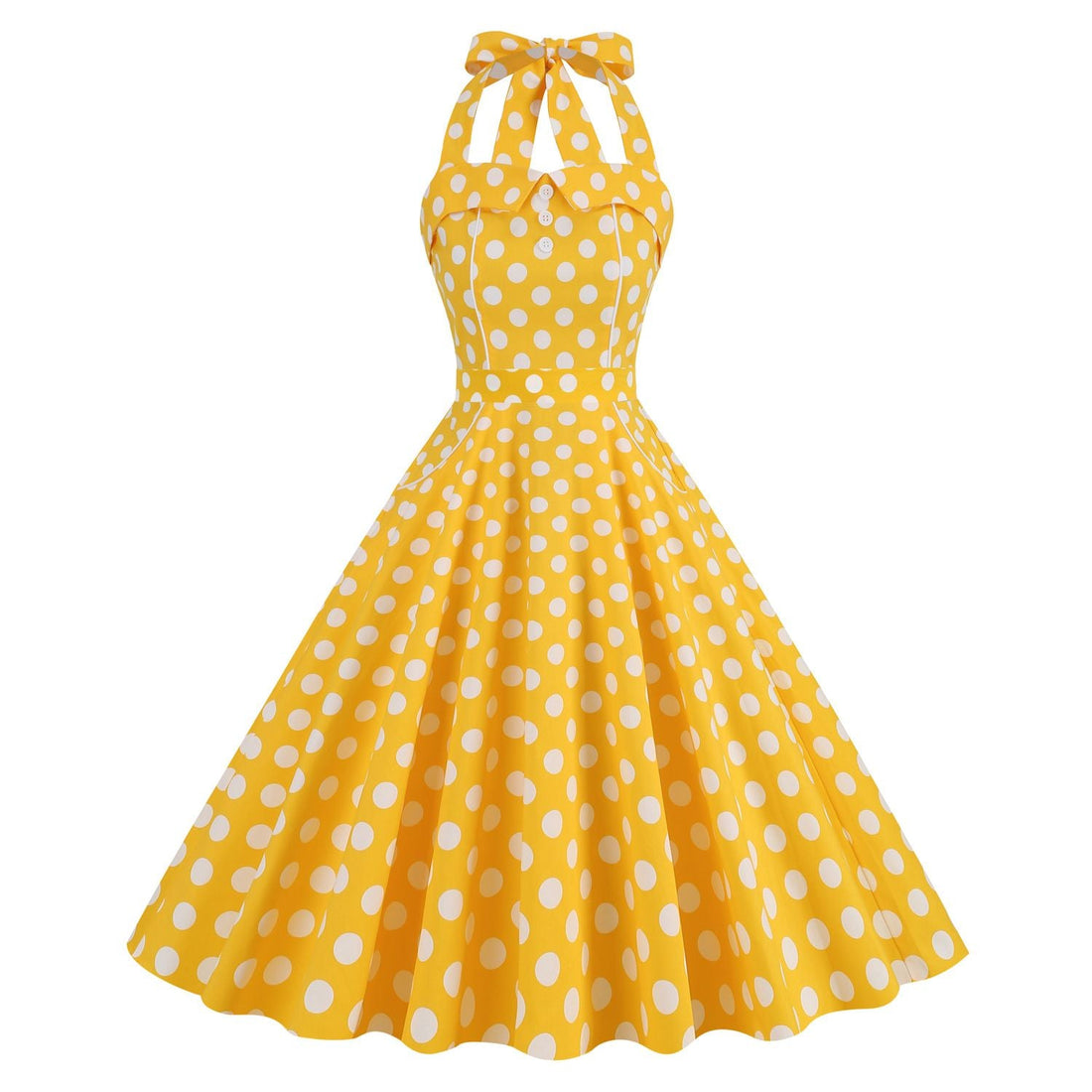 Women Retro Polka Dot Dresses Vintage 1950s Halter Cocktail Prom Dress Yellow