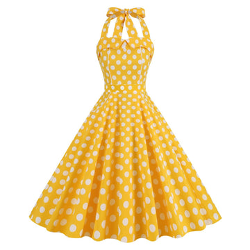 Women Retro Polka Dot Dresses Vintage 1950s Halter Cocktail Prom Dress Yellow