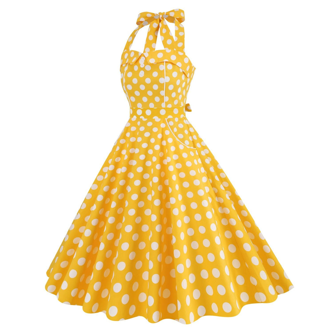 Women Retro Polka Dot Dresses Vintage 1950s Halter Cocktail Prom Dress Yellow