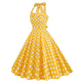 Women Retro Polka Dot Dresses Vintage 1950s Halter Cocktail Prom Dress Yellow