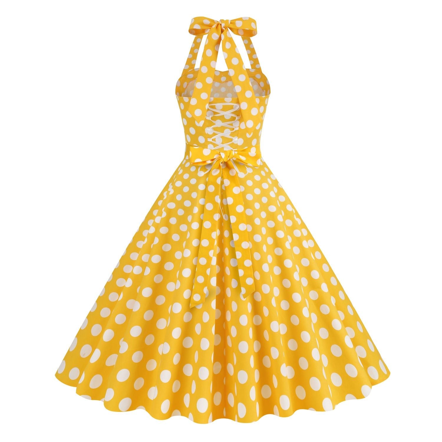 Women Retro Polka Dot Dresses Vintage 1950s Halter Cocktail Prom Dress Yellow