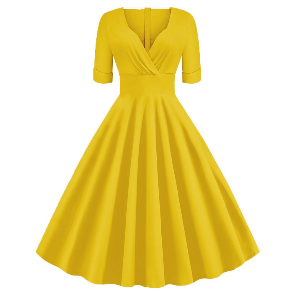 Women Retro Vintage 1950s Vintage Dress Cocktail Swing Party Dress Yellow