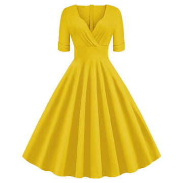 Women Retro Vintage 1950s Vintage Dress Cocktail Swing Party Dress Yellow