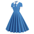 Women Short Sleeve 1950s Retro Vintage Cocktail Party Swing A-Line Work Dress Blue