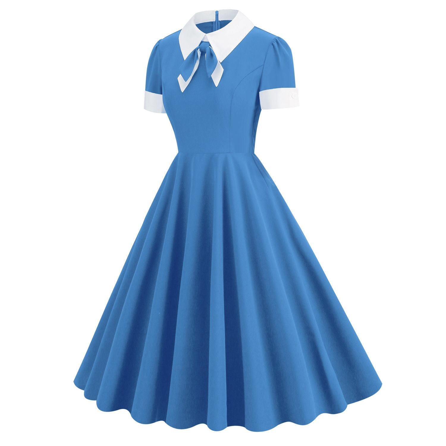 Women Short Sleeve 1950s Retro Vintage Cocktail Party Swing A-Line Work Dress Blue