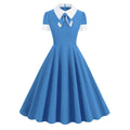 Women Short Sleeve 1950s Retro Vintage Cocktail Party Swing A-Line Work Dress Blue
