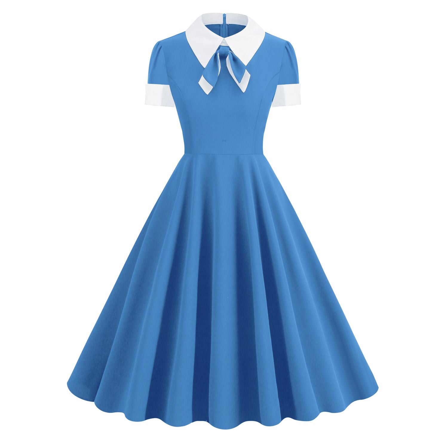 Women Short Sleeve 1950s Retro Vintage Cocktail Party Swing A-Line Work Dress Blue