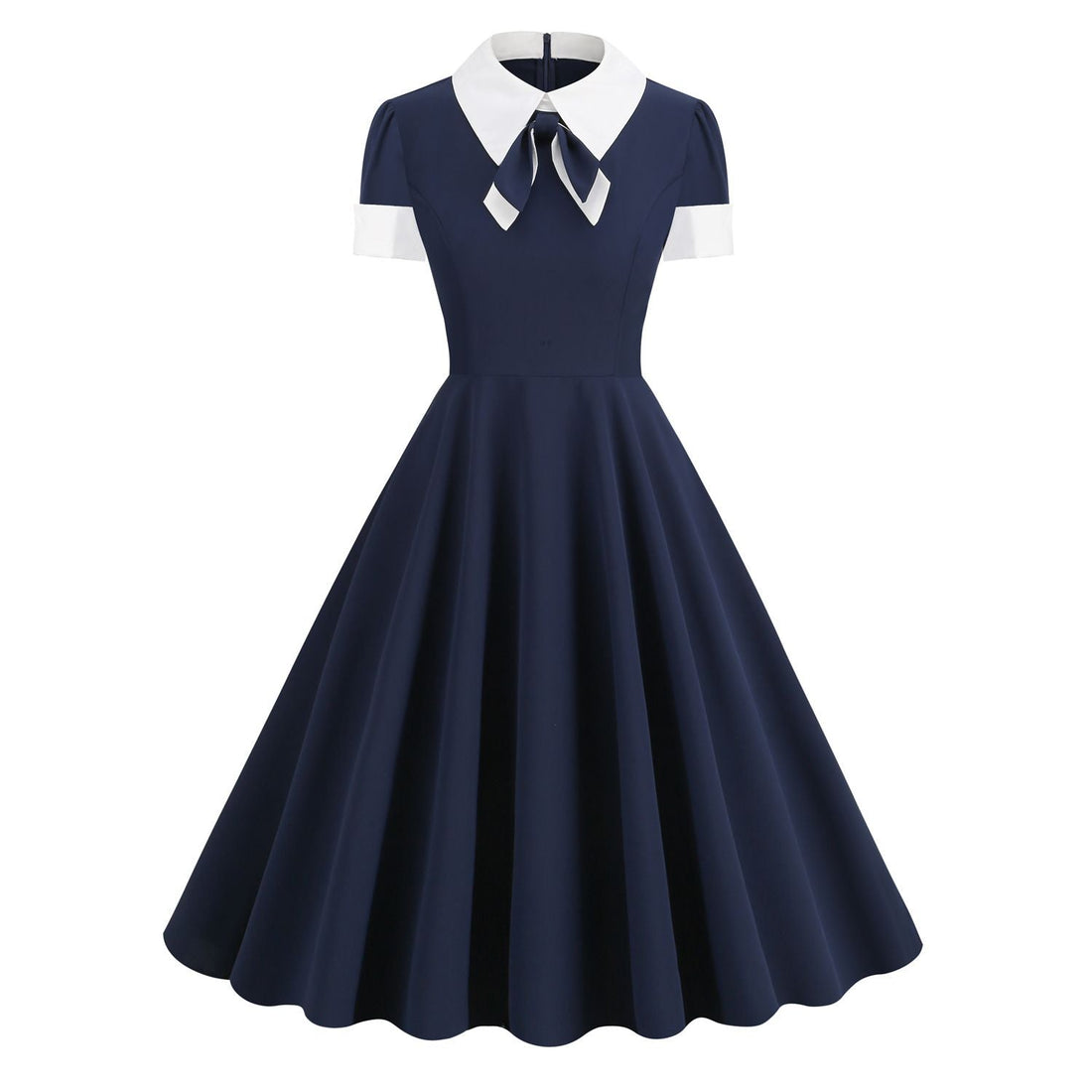 Women Short Sleeve 1950s Retro Vintage Cocktail Party Swing A-Line Work Dress Navy