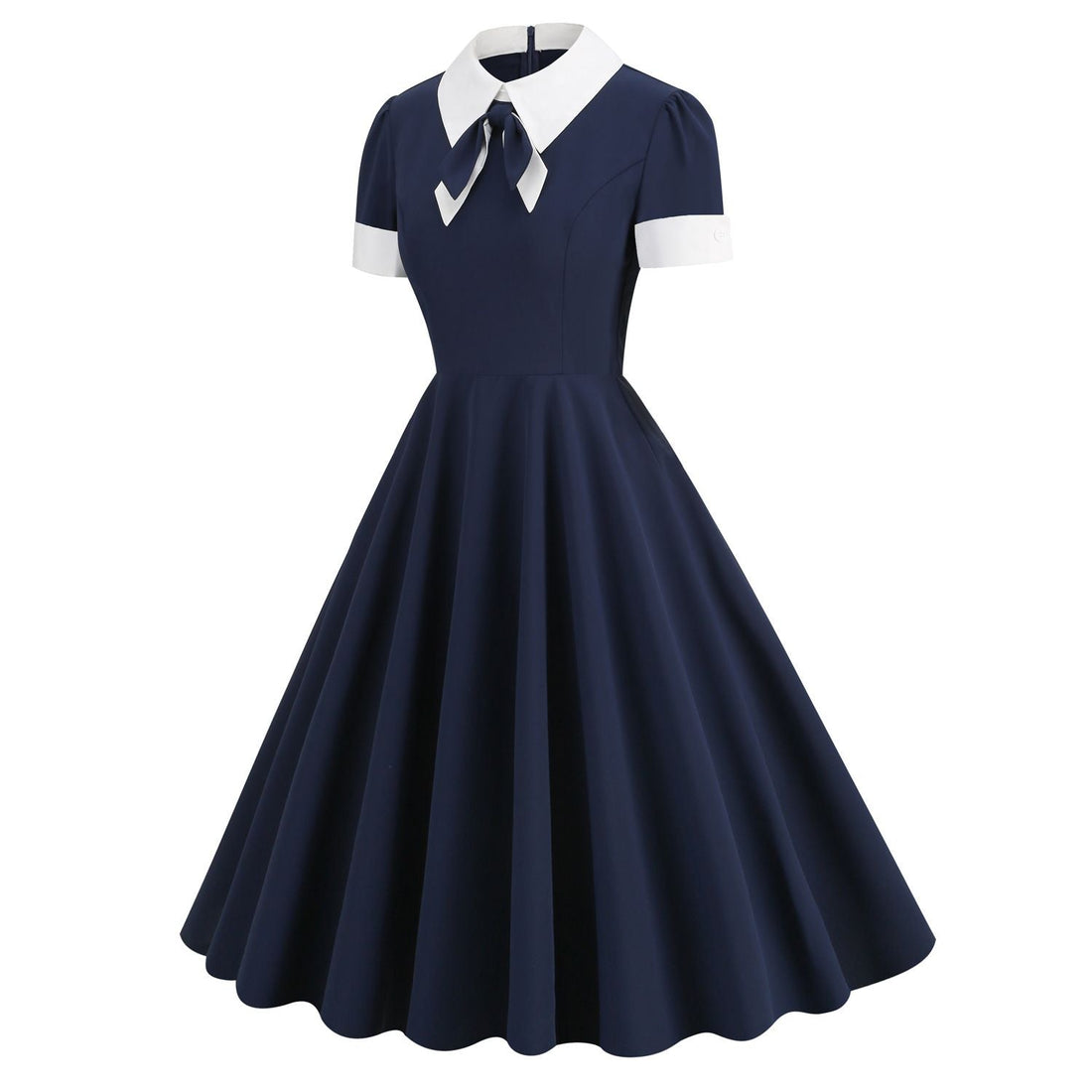 Women Short Sleeve 1950s Retro Vintage Cocktail Party Swing A-Line Work Dress Navy