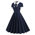 Women Short Sleeve 1950s Retro Vintage Cocktail Party Swing A-Line Work Dress Navy