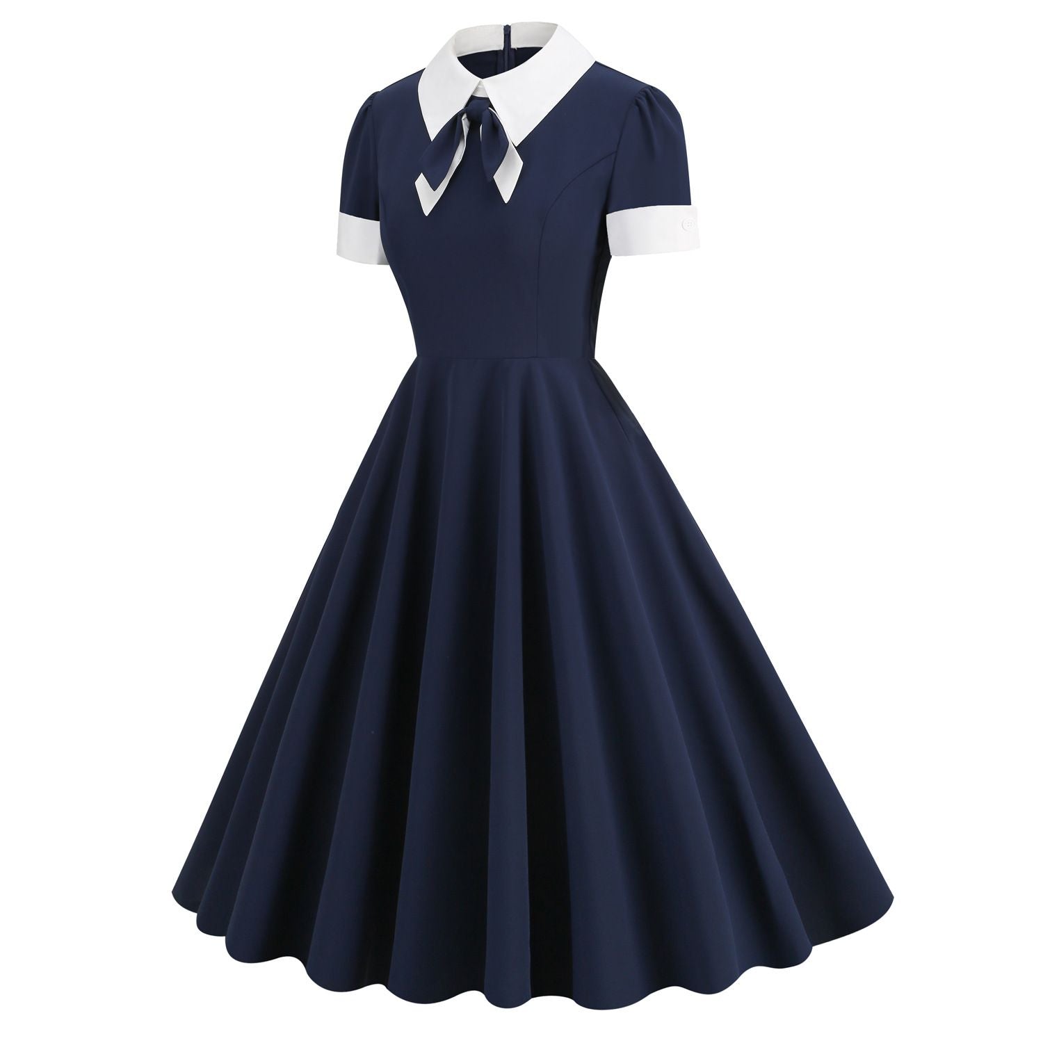 Women Short Sleeve 1950s Retro Vintage Cocktail Party Swing A-Line Work Dress Navy