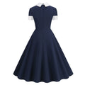 Women Short Sleeve 1950s Retro Vintage Cocktail Party Swing A-Line Work Dress Navy