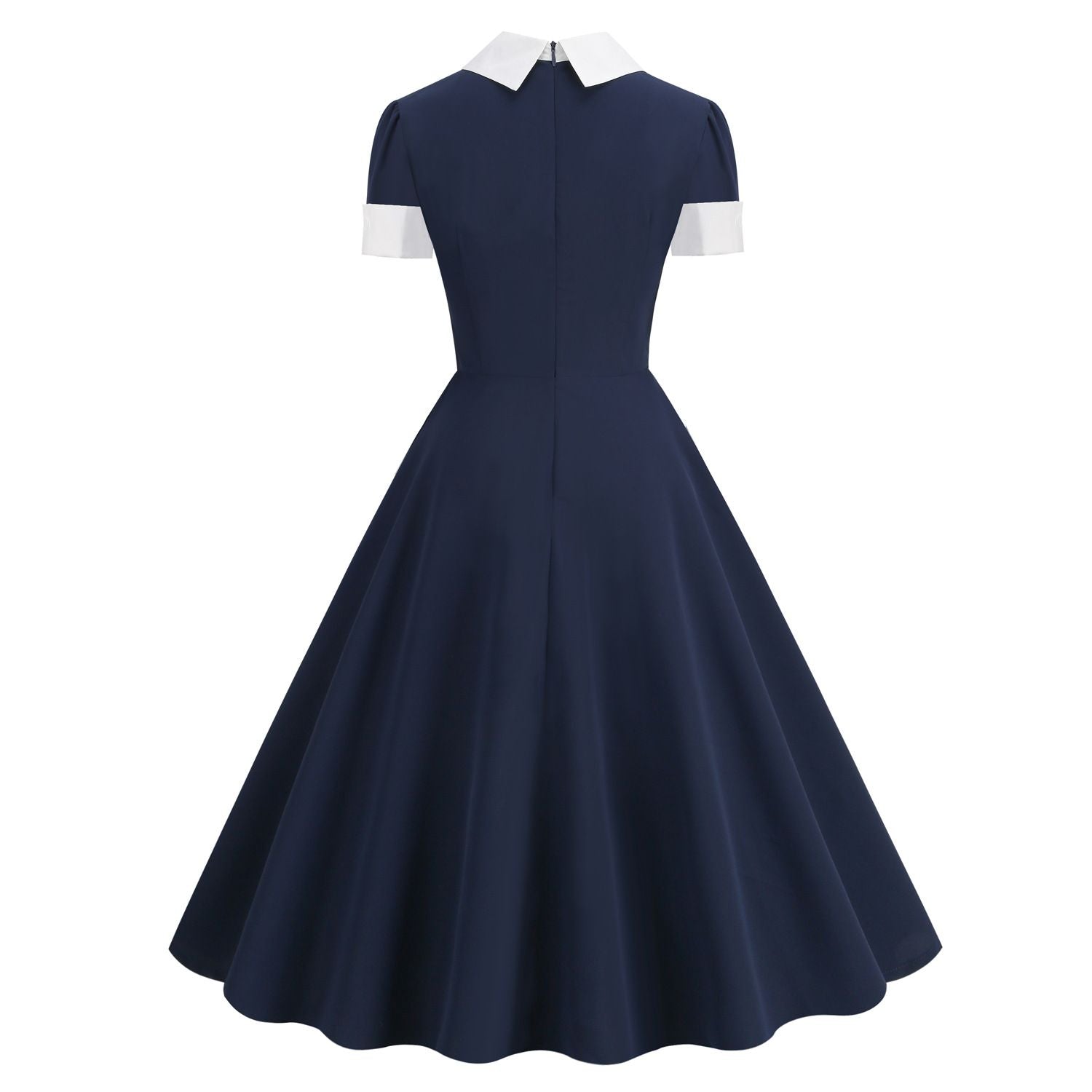 Women Short Sleeve 1950s Retro Vintage Cocktail Party Swing A-Line Work Dress Navy