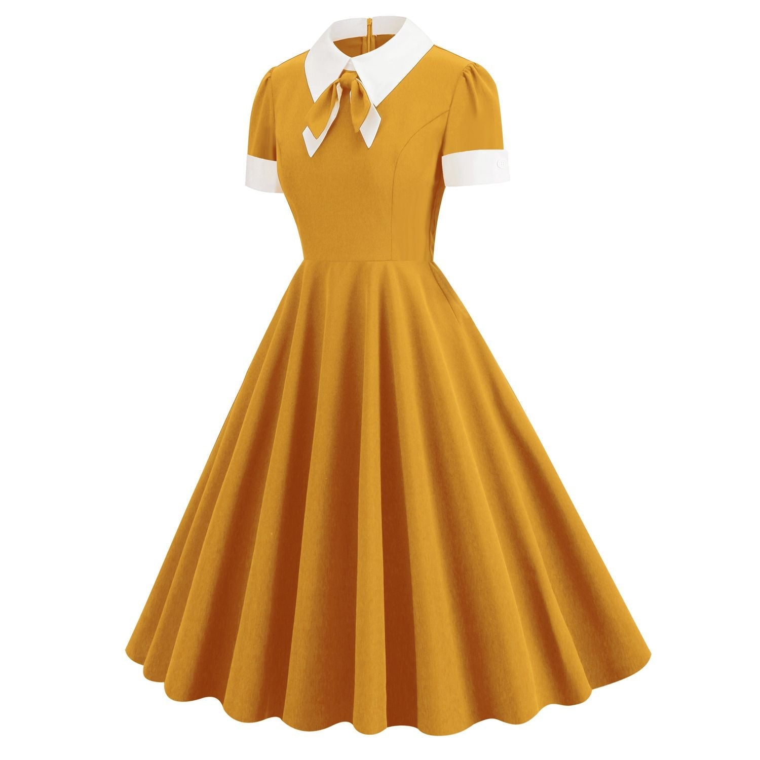 Women Short Sleeve 1950s Retro Vintage Cocktail Party Swing A-Line Work Dress Yellow