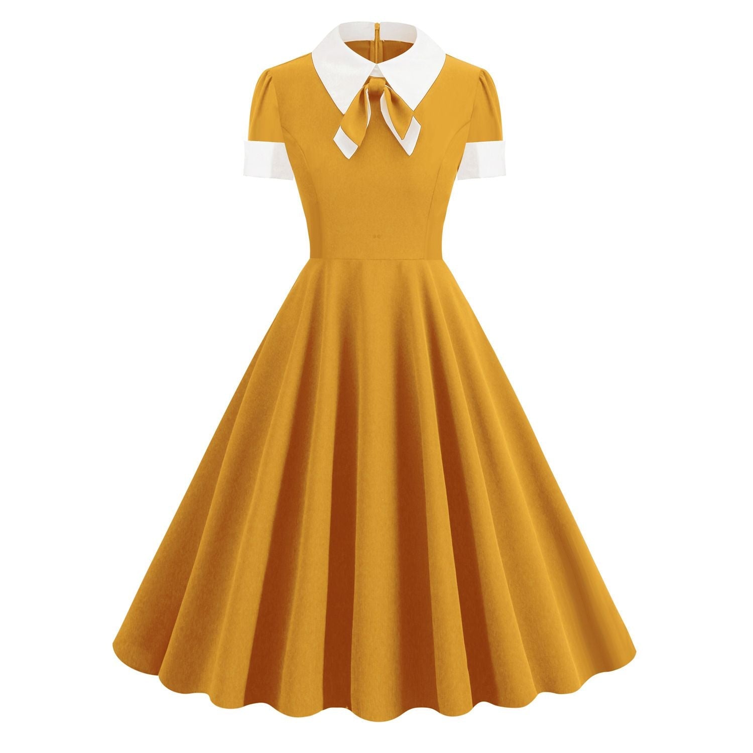 Women Short Sleeve 1950s Retro Vintage Cocktail Party Swing A-Line Work Dress Yellow