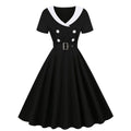 Women Short Sleeve Retro A Line Party Dress Button Cocktail Dress Black