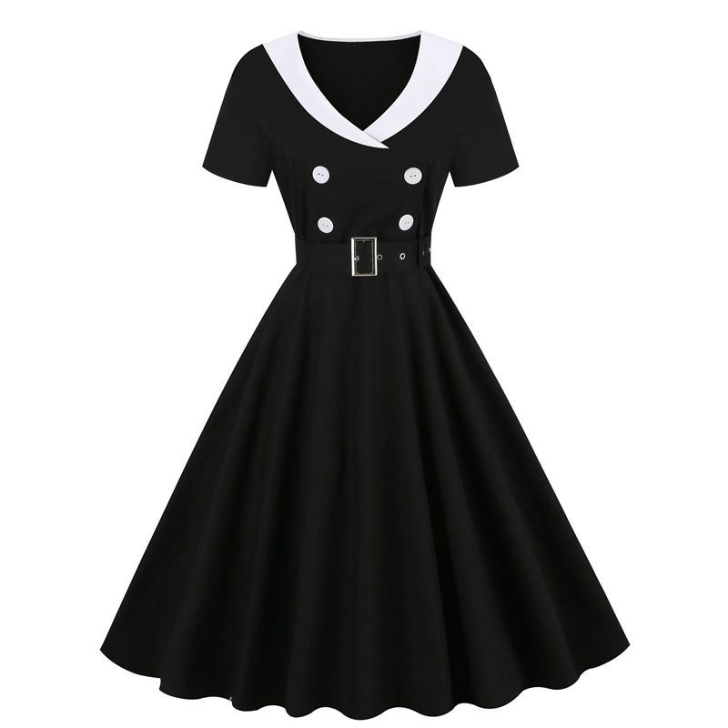 Women Short Sleeve Retro A Line Party Dress Button Cocktail Dress Black