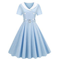 Women Short Sleeve Retro A Line Party Dress Button Cocktail Dress Blue