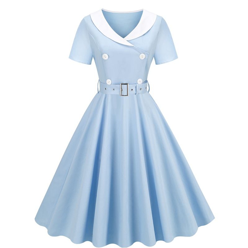 Women Short Sleeve Retro A Line Party Dress Button Cocktail Dress Blue
