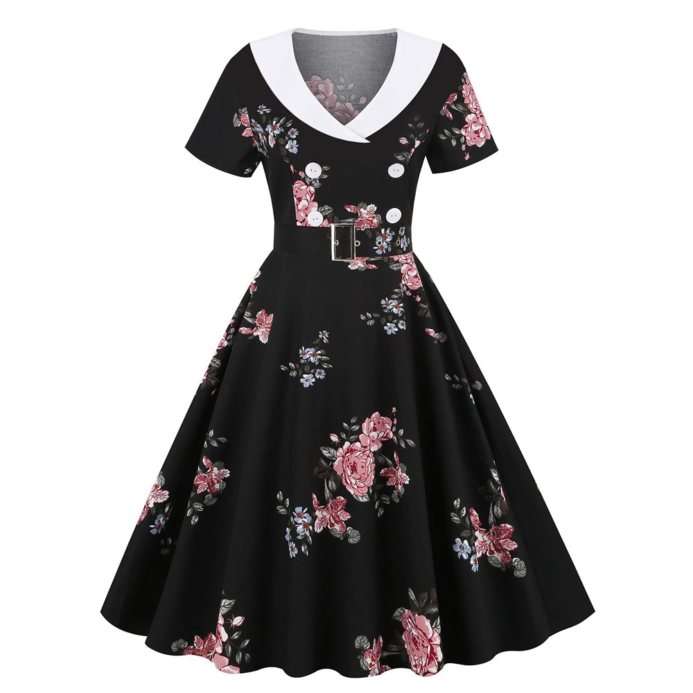 Women Short Sleeve Retro A Line Party Dress Button Cocktail Dress Floral