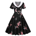 Women Short Sleeve Retro A Line Party Dress Button Cocktail Dress Floral